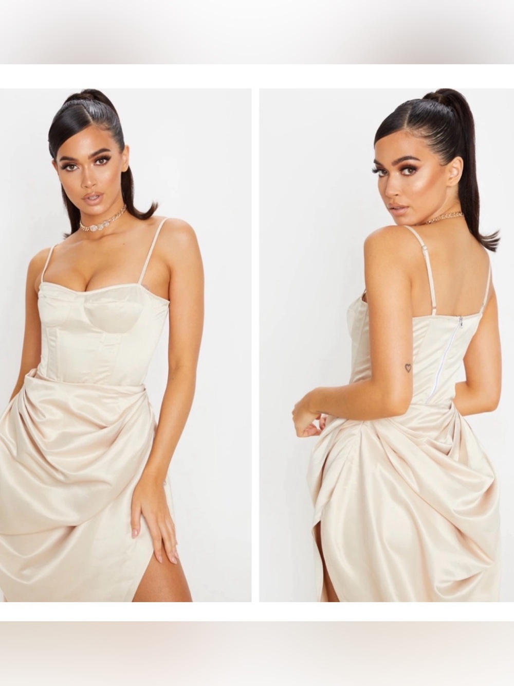 PrettyLittleThing Champagne Satin Corset & Draped Skirt Set size 2